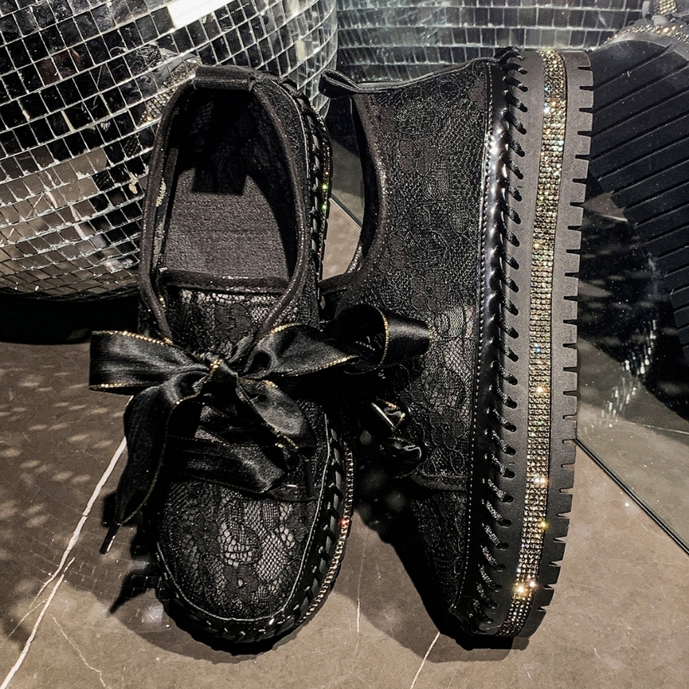 Lace Mesh Rhinestone Platform Sneakers Satin Ribbon Laces Retro Y2K Bling Shoes